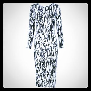 Cache Black & White Long-Sleeve Midi Dress